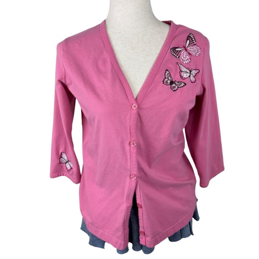 Denim & Co Pink Butterfly Embroidered Top Women’s XS